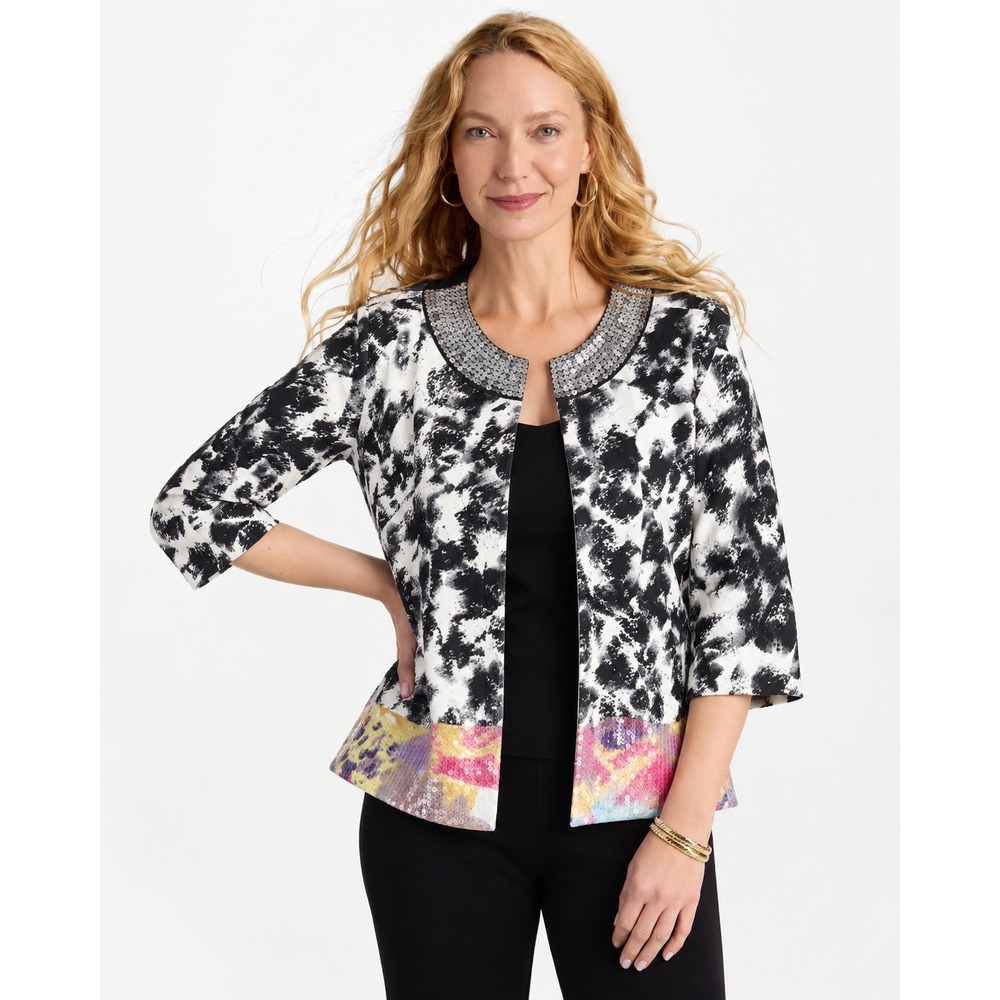 Chico's Sequin Geisha Print Statement Jacket XL Black White Size 3